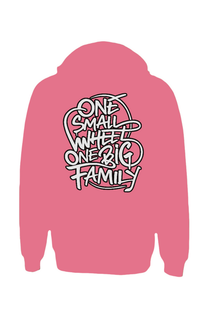 "Dialed In" high-visibility neon hoodie in bright pink, back view
