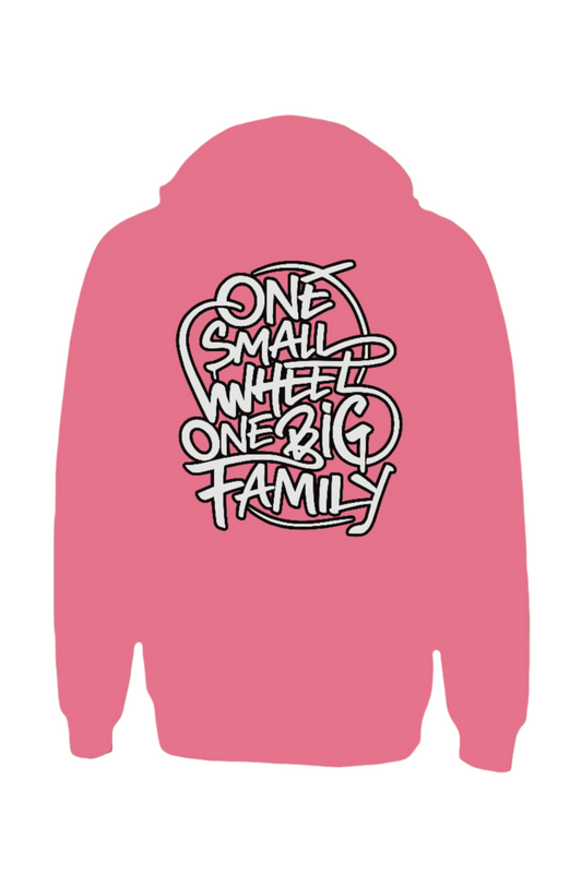 "Dialed In" high-visibility safety hoodie in bright pink, back view