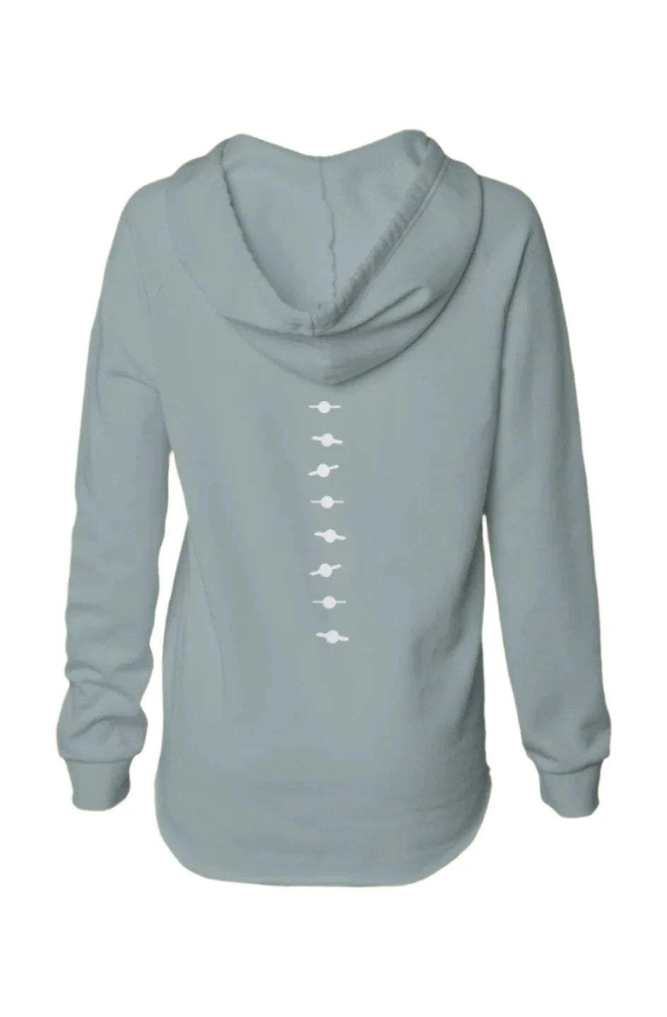 Sage women's hooded pullover, back view, with white Float Backbone graphic.
