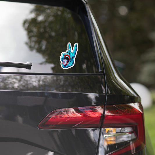Screaming Hand parody sticker on a rear car window